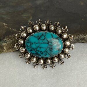 Vintage Sterling Silver 925 Southwest Style Filigree Oval Faux Turquoise Brooch